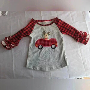 Girls Buffalo Plaid Long Sleeve Moose Christmas Theme Ruffle Sleeve Shirt Size 3